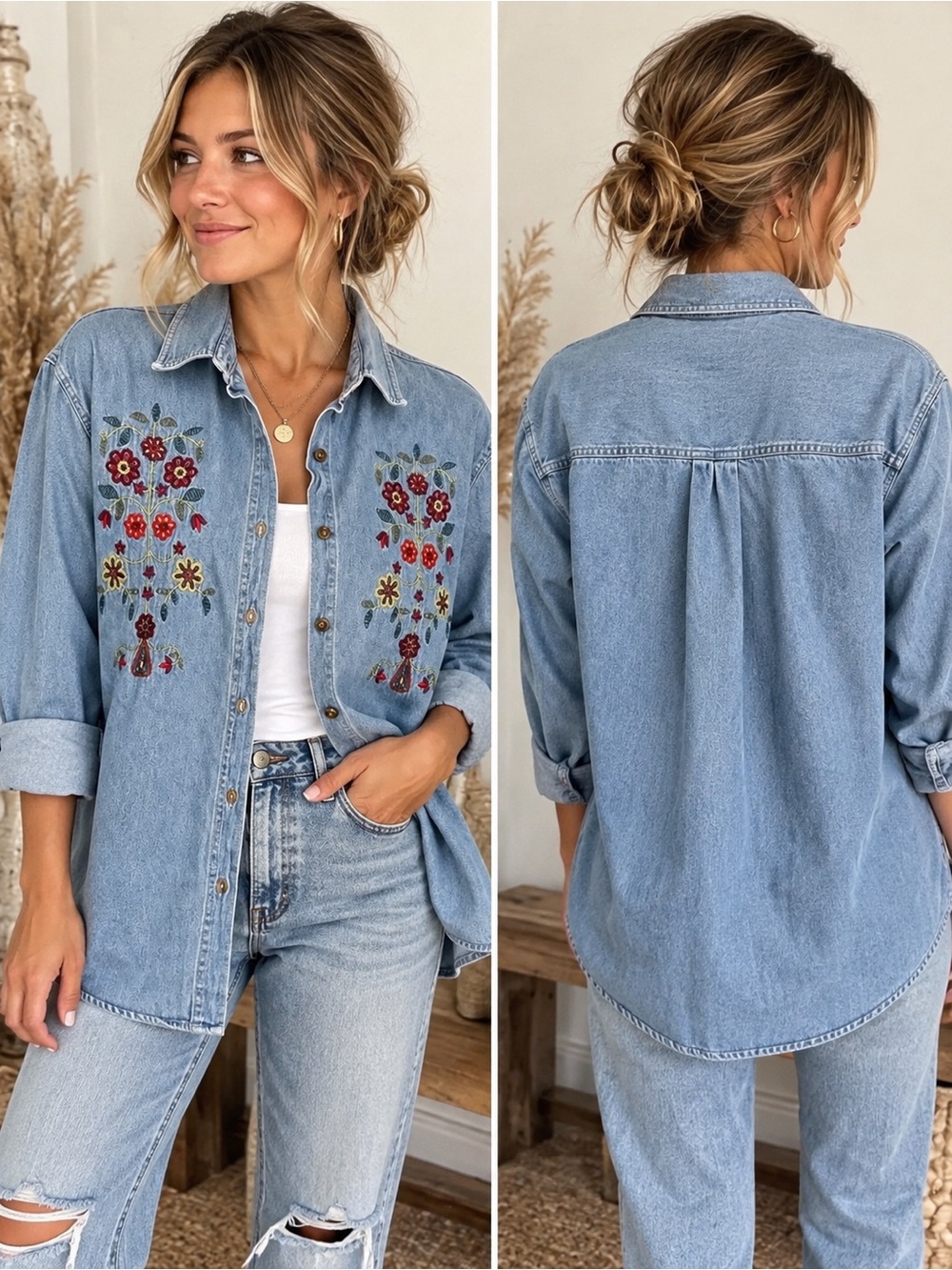 Vintage 90s Mey Women’s M Embroidered Floral Denim Button Up Shirt